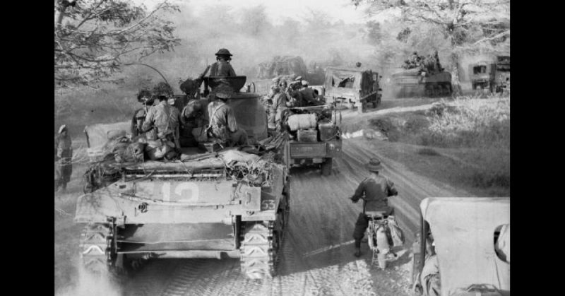 Sherman tanks and trucks of 63rd Motorised Brigade advancing on Meiktila, March 1945.