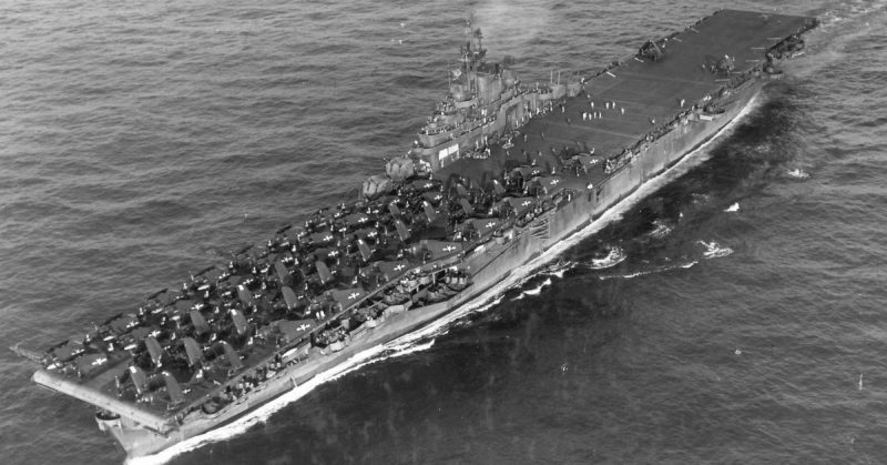 The U.S. Navy aircraft carrier USS Wasp (CV-18) at sea in the Western Pacific on 6 August 1945. 