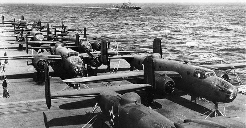 View from the island of the U.S. Navy aircraft carrier USS Hornet (CV-8), while en route to the 