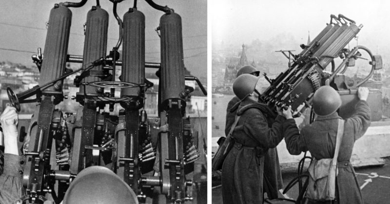 Left: Quad-Maxim M1910 anti-aircraft machine gun mount, Moscow, Russia, 21 June 1942. Photo: RIAN / Vladimir Granovskiy / 41394. Right: Soviet anti-aircraft machine gun atop Hotel Moskva in Moscow, Russia. Photo: RIAN / Oleg Knorring / 887721.