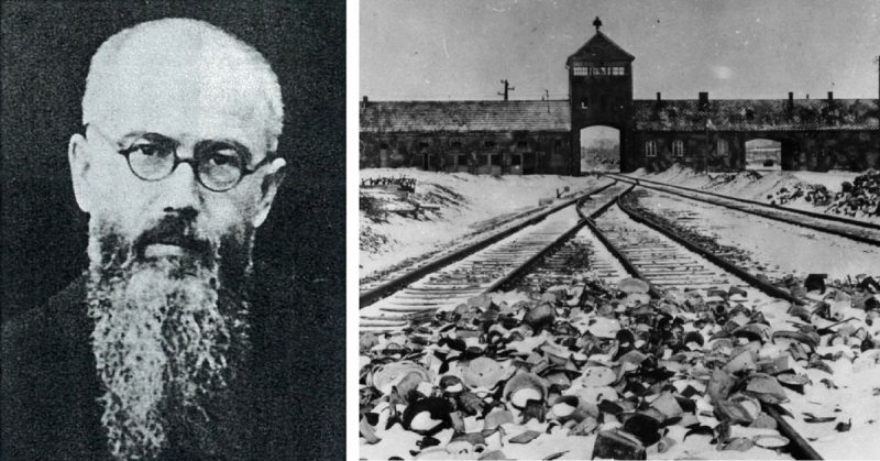 Left: Maksymilian Maria Kolbe in 1936. Right: Auschwitz II (Birkenau). Photo: Bundesarchiv, B 285 Bild-04413 / Stanislaw Mucha / CC-BY-SA 3.0.