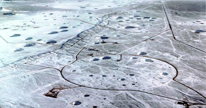 The crater-scarred landscape of the Nevada Test Site