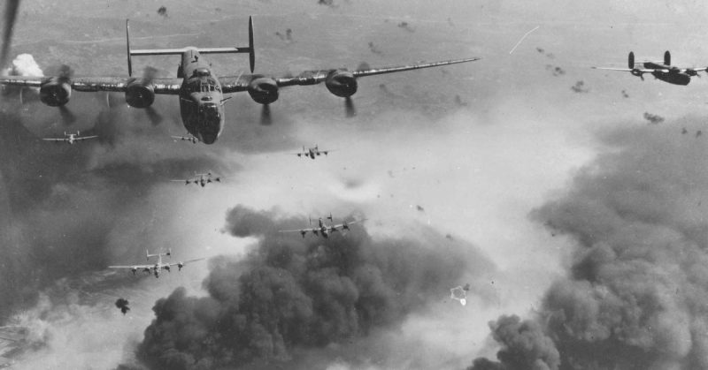 B-24 Liberator Through flak and over the destruction created by preceding waves of bombers, these 15th Air Force B-24s leave Ploesti, Rumania, after one of the long series of attacks against the No. 1 oil target in Europe.