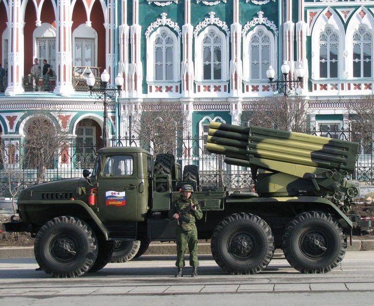 BM-21-1 launch vehicle during a military parade in Yekaterinburg, 9 May 2009. Photo: Владислав Фальшивомонетчик / CC-BY-SA 3.0