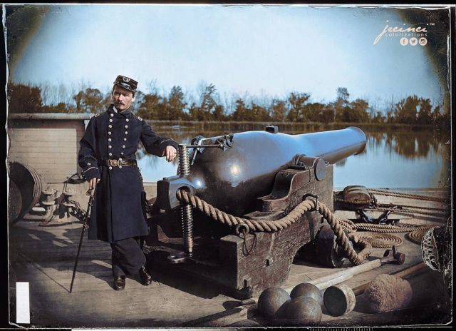 Deck of gunboat Hunchback, on James River, VA,1862, U.S. Civil War. Colorized by Jecinci.