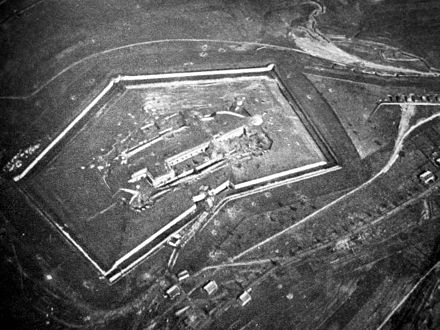 Aerial view of Fort Douaumont early in 1916, before major destruction in the Battle of Verdun.