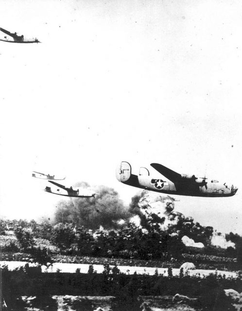 B-24 Liberators at low altitude while approaching the oil refineries at Ploesti, Romania, August 1, 1943.