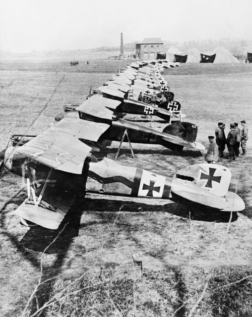 Albatros D.III fighters of Jasta 11 at Douai, France. The second closest aircraft was one of several flown by Manfred von Richthofen.