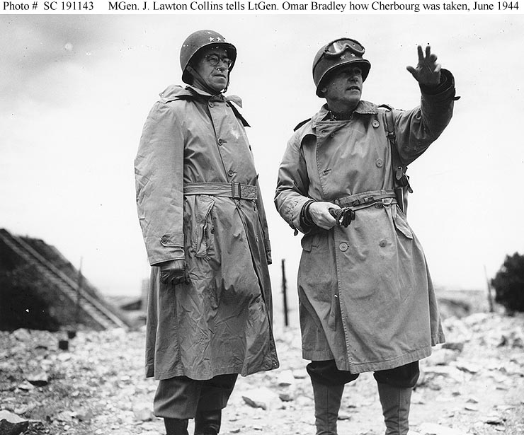 Lt Gen Omar Bradley (left), Commanding General, U.S. First Army, listens as Maj Gen J. Lawton Collins, Commanding General, US VII Corps, describes how the city of Cherbourg was taken. (c. June 1944)