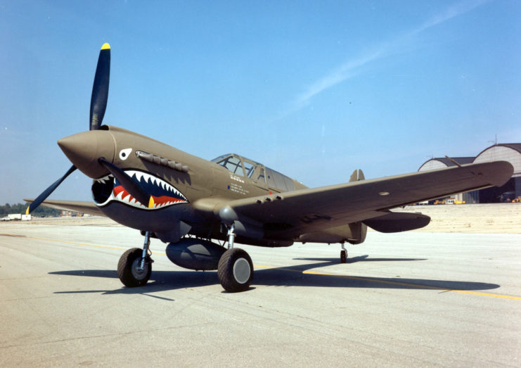 A Hawk 87A-3 (Kittyhawk Mk IA) serial number AK987, in a USAAF 23d Fighter Group (the former “Flying Tigers”) paint scheme, at the National Museum of the United States Air Force.