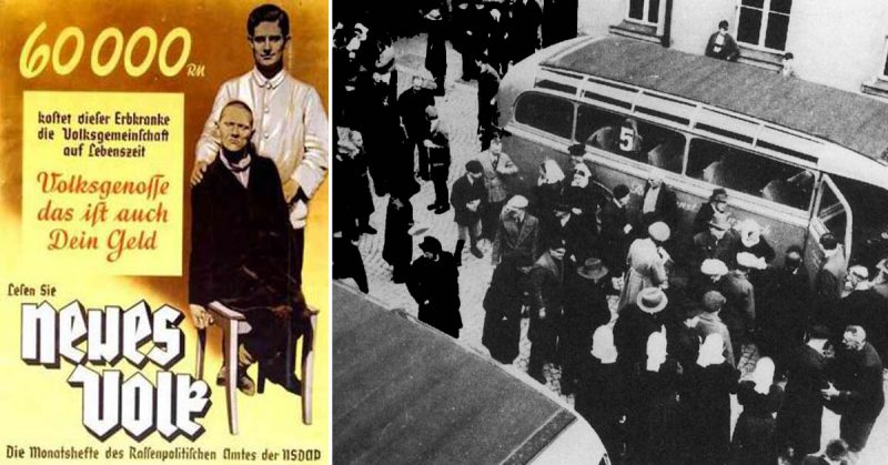 Nazi euthanasia propaganda poster (left); Relocation of disabled people in the context of the euthanasia 