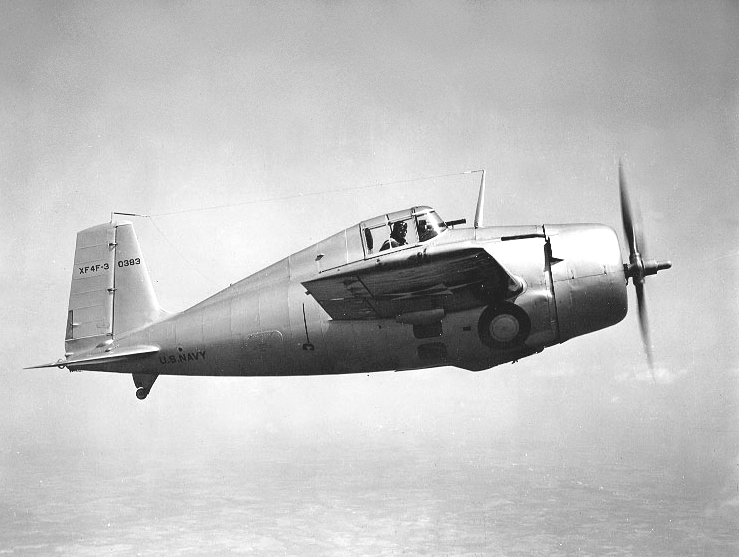 The U.S. Navy Grumman XF4F-3 Wildcat prototype (BuNo 0383) during flight testing, circa April 1939. This aircraft had originally been the XF4F-2 (with rounded wings and tail) and was rebuilt into the XF4F-3. It was finally written off on 16 December 1940.