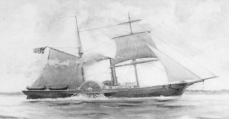 A pencil sketch of the Harriet Lane under both sail and steam. Most steam ships of the period still used sails, if only in an auxiliary roll. The combination of the tow allowed the Harriet Lane to reach 13 knots