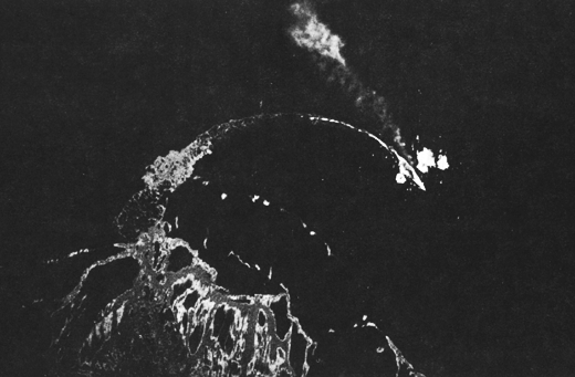 The severely damaged Hiei on November 13, 1942, trailing oil just before being finished off by US B-17 bomber planes.