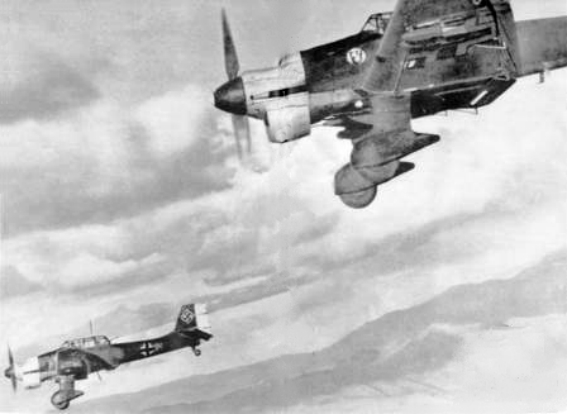 Two German Junkers Ju 87B Stuka dive bombers.