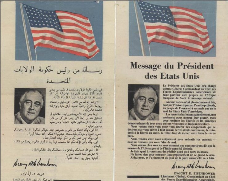A flyer that was distributed by the Allied forces in the streets of Casablanca, calling the citizens to cooperate with the Allied forces.