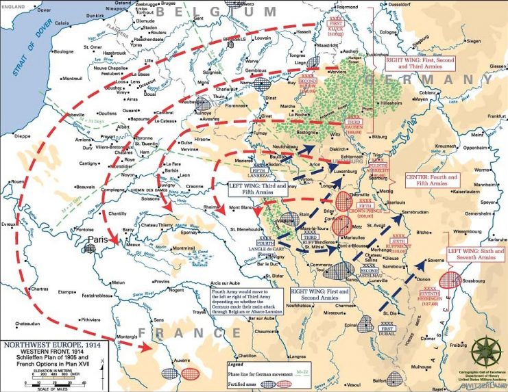 Example of an erroneous and misleading map, purported to represent a “Schlieffen Plan” by post-war writers.