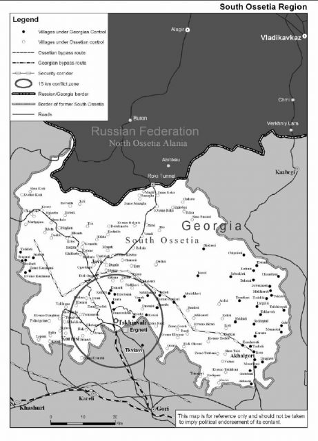 Map of South Ossetia after the war, showing villages under Georgian and under South Ossetian control