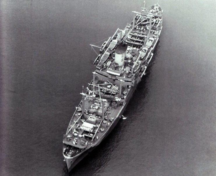 Overhead view of USS Thomas Stone (AP-59) at anchor on 27 May 1942, location unknown.