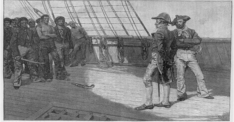 A later depiction of American seamen being pressed by an English officer.