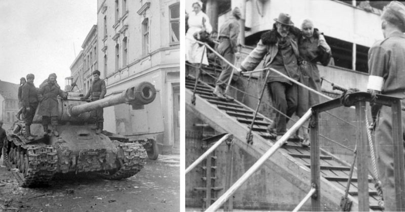 Left: Soviet IS-2 in Stargard, 19 March 1945. Right: Evacuees arriving at a western harbor, already occupied by British troops. Photo; Bundesarchiv, Bild 146-2004-0127 / CC-BY-SA 3.0.