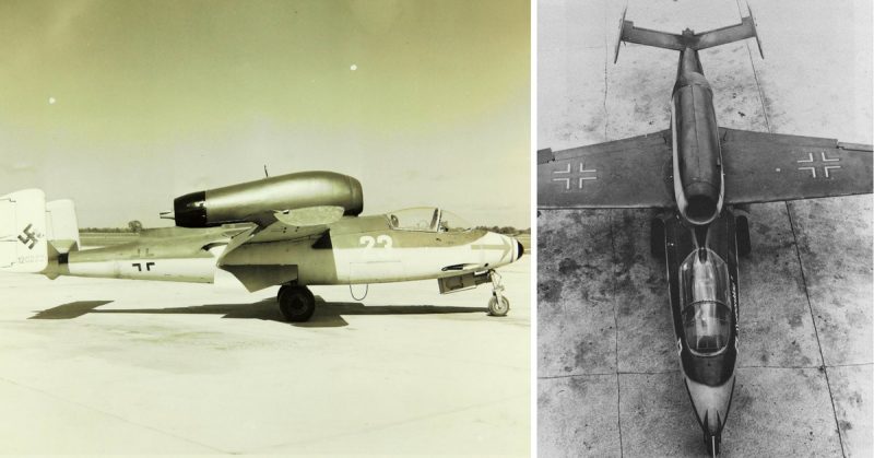 Left: Heinkel He 162 - during the post-war trials in US. Right: Overhead view of a Heinkel He-162 Volksjäger jet fighter, 1945.