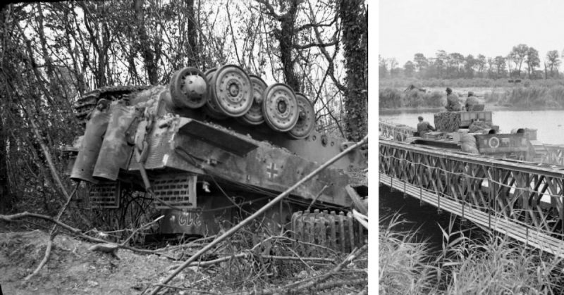 Left: A Tiger I of 3./s.Pz.Abt. 503 (3rd Company 503rd Heavy Tank Battalion) overturned at Manneville by the bombing. Three men survived. Right: Cromwell tanks moving across York Bridge, a Bailey bridge built over the Caen Canal and the Orne River.
