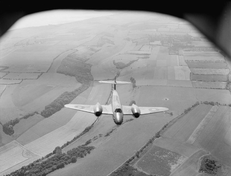 Gloster Meteor F Mark I of No. 616 Squadron RAF, based at Manston, Kent, in flight over the countryside between West Hougham and Dover.