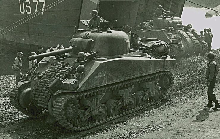Shermans disembarking from LST at Anzio.