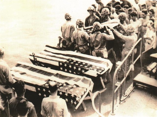 The burial at sea off Peleliu aboard the U.S.S. Pinkney, October 3, 1944. (Author’s collection)
