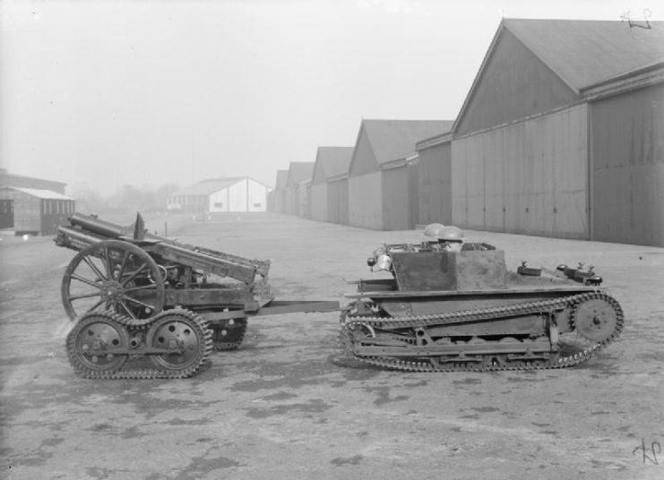 Carden-Loyd Mk VI Mortar Carrier with trailer and 3.7 inch QF Howitzer Mk I, 1929.