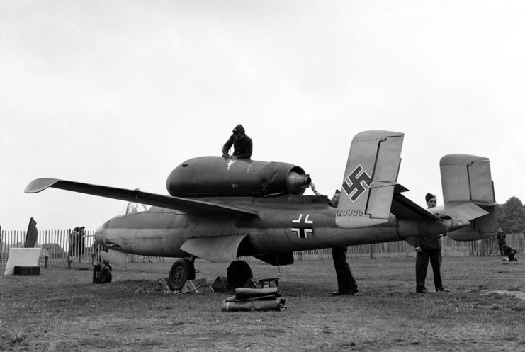 German He-162 Volksjäger on public display after the war in Hyde Park, London, England, United Kingdom, 14 September 1945.