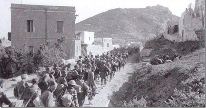 British soldiers march towards Agia Marina, Leros.