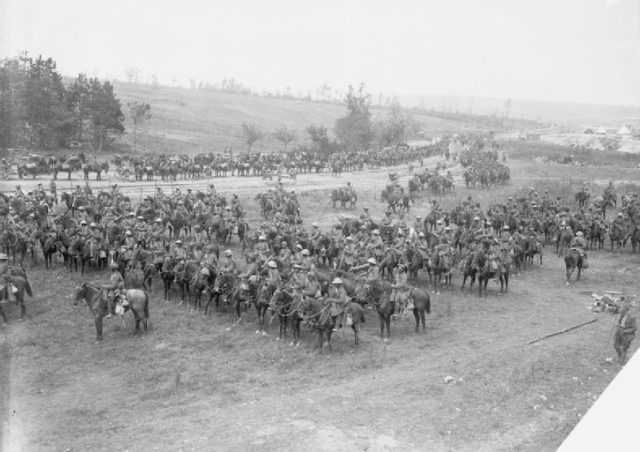 20th Deccan Horse drawn up in ranks during the Battle of Bazentin Ridge, part of the Battle of the Somme, 1916