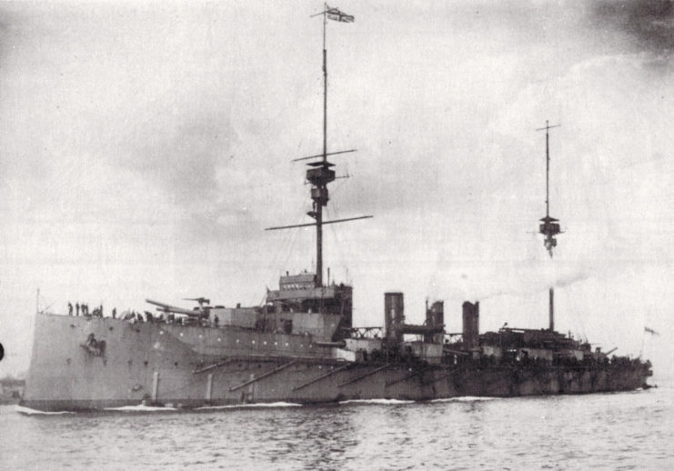 HMS Shannon, a Minotaur-class armoured cruiser, 1908–09.
