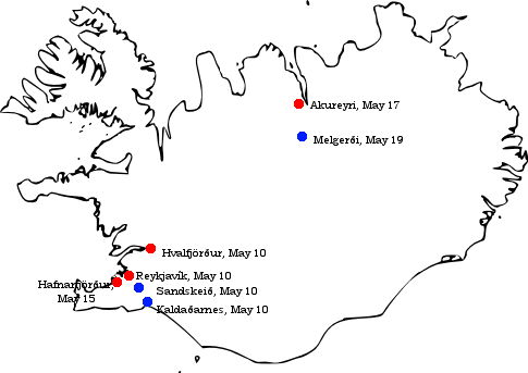 The map of Iceland with marked strategic points.