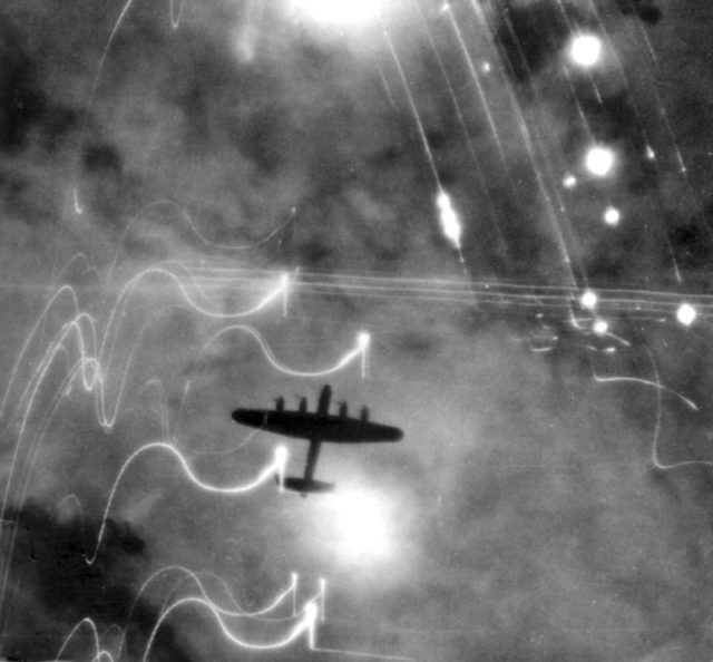 An Avro Lancaster bombing the German city of Hamburg.