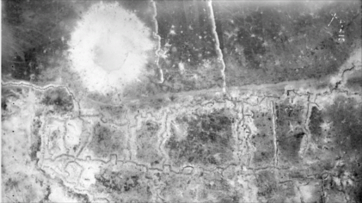 Contemporary British aerial photograph showing the Lochnagar crater and trenches