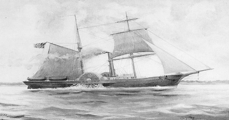 A pencil sketch of the Harriet Lane under both sail and steam. Most steam ships of the period still used sails, if only in an auxiliary roll. 