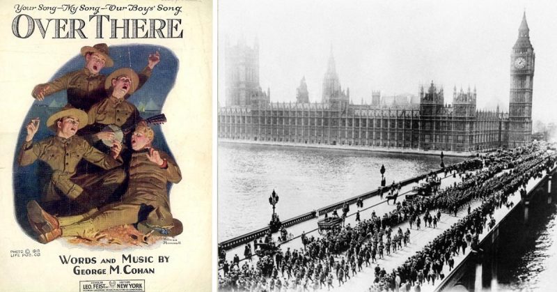 Over There song sheet (left) and US soldiers on Westminster bridge (right).
