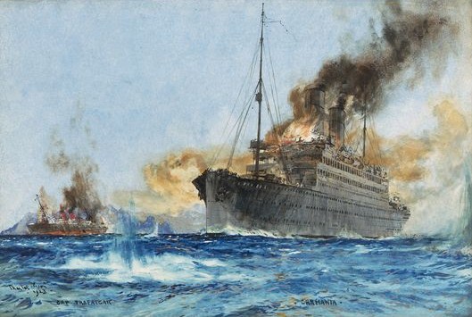 RMS Carmania sinking SMS Cap Trafalgar near the Brazilian islands of Trindade, 14 September 1914.