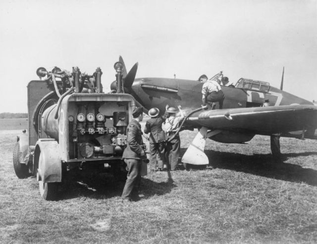 Groundcrew refuelling a Hurricane Mk I of 32 Sqn, RAF Biggin Hill, Bromley, London, August 1940.