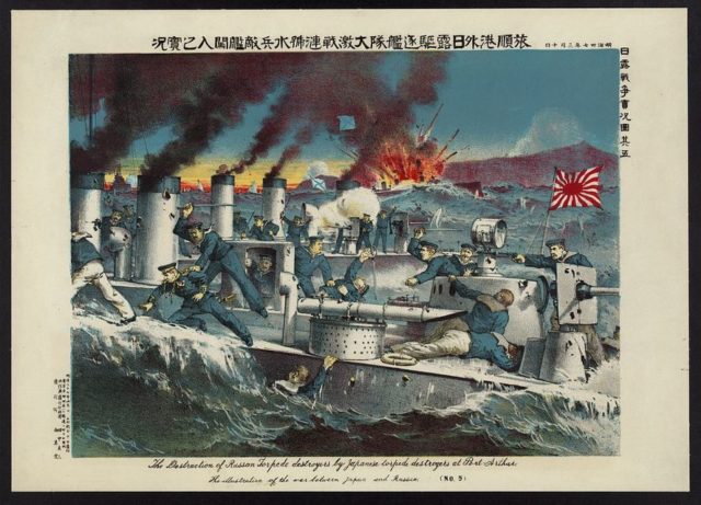 Illustration of the destruction of Russian destroyers by the Japanese at Port Arthur.