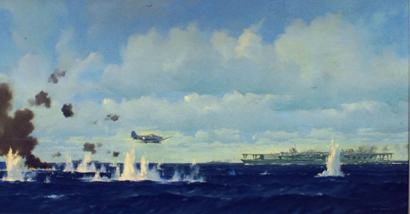 In this painting, a U.S. Navy Douglas TBD-1 Devastator torpedo plane making an attack against a Japanese aircraft carrier at the Battle of Midway, 4 June 1942.