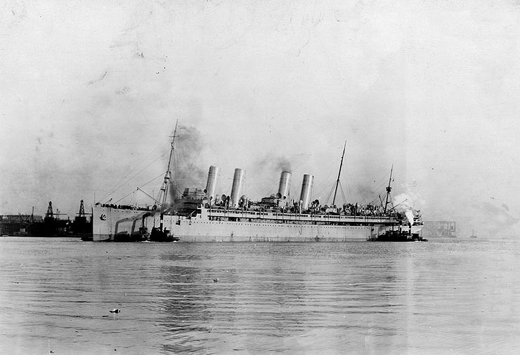 USS Mount Vernon in Boston Harbor, 1919. After receiving repairs to damage inflicted on her hull by U-82 during Action of 5 September 1918.