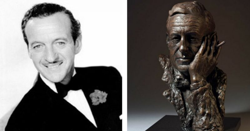 Left: David Niven, in Casino Royale. Right: Bronze bust of the author Ian Fleming by the British sculptor Anthony Smith. Commissioned by the Fleming family to commemorate the centenary of Ian Fleming's birth in 2008. By Fortheloveofknowledge - CC BY-SA 4.0