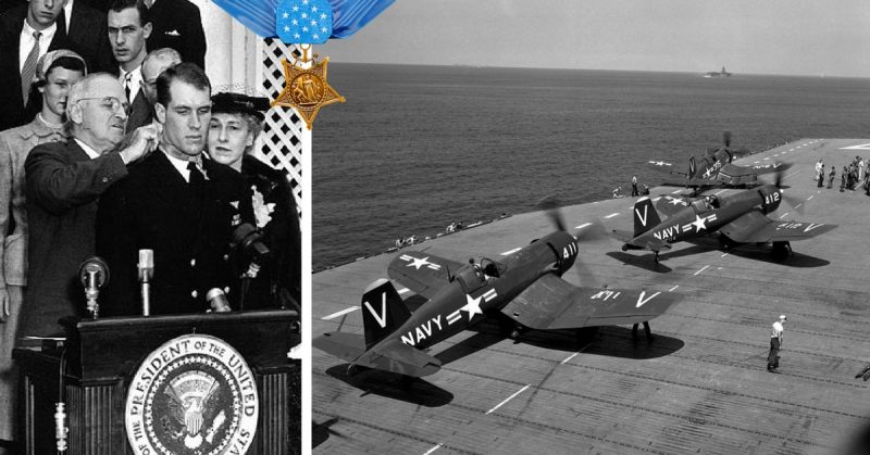Left: Hudner receives the Medal of Honor from President Harry S. Truman on 13 April 1951. Right: Vought F4U-4 Corsair fighters during the Korean War.