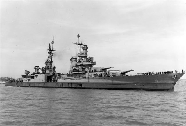 Off the Mare Island Navy Yard, California, 10 July 1945, after her final overhaul and repair of combat damage. Photograph from the Bureau of Ships Collection in the U.S. National Archives.