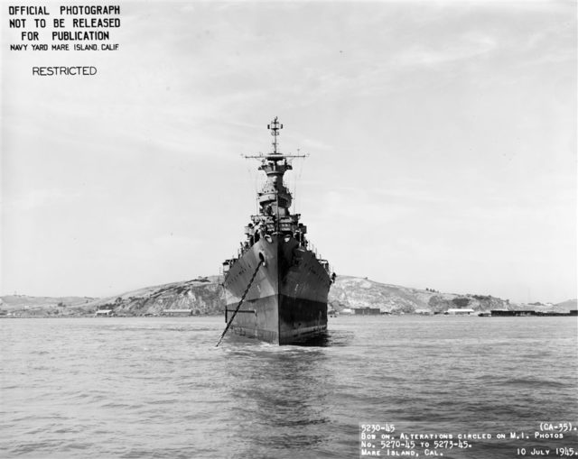 Bow-on view, taken off the Mare Island Navy Yard, California, 10 July 1945, after her final overhaul. Photograph from the Bureau of Ships Collection in the U.S. National Archives.