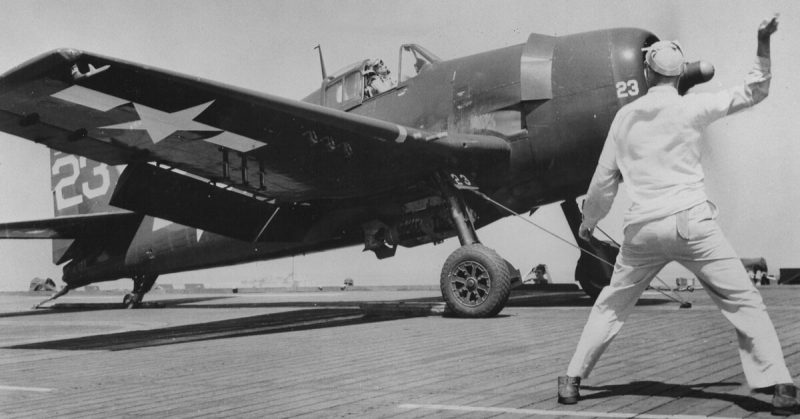 A U.S. Navy Grumman F6F-5 Hellcat preparing to launch during the Invasion of Southern France, 1944. 